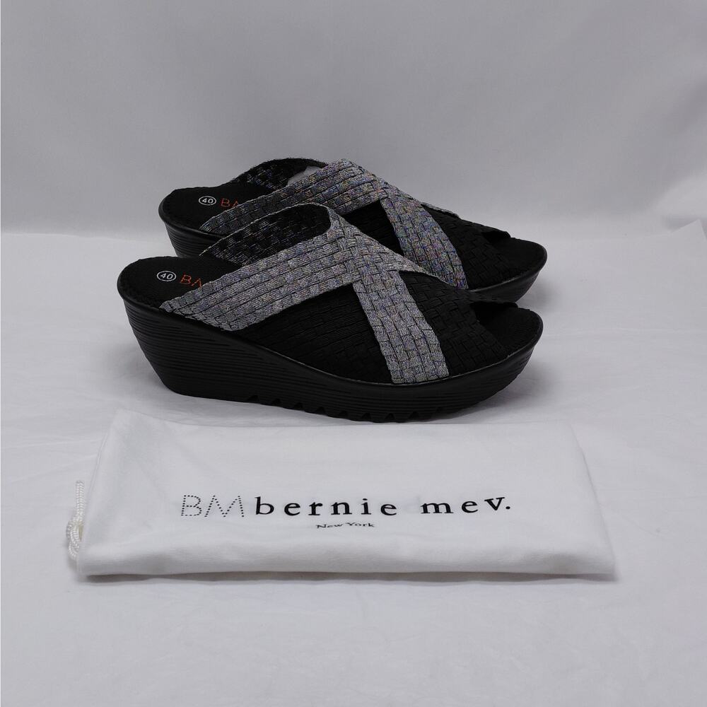 Bernie Mev Womens Wedge Sandals Sz 40 Black Silver Comfort Platform Travel Shoes